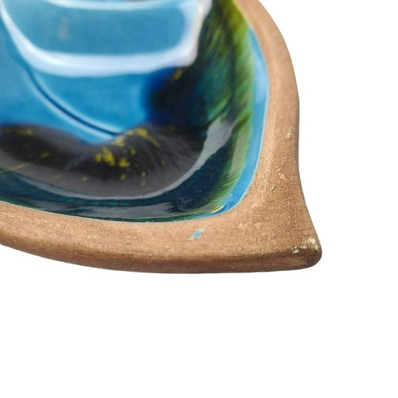 Vintage 1960s - Santa Anita Ware Green Blue Glaze Leaf Divided Nut Snack Dish - Picture 8 of 11